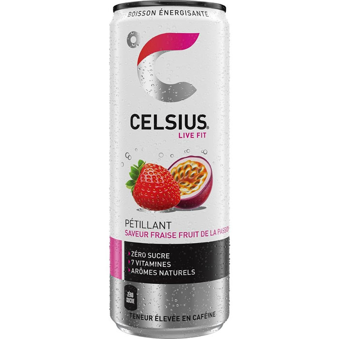 CELSIUS Boisson énergisante gazeuse fraise, fruit de la passion