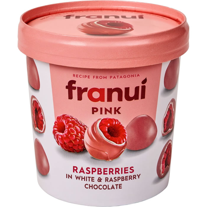 FRANUI Framboises glacées enrobées de chocolat blanc et framboise