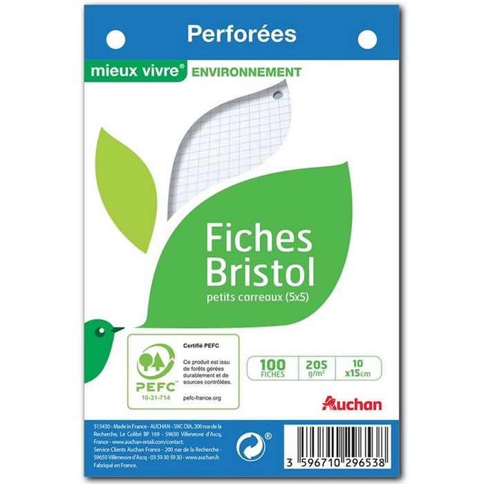 AUCHAN Mieux Vivre Fiches bristol 10 x 15 cm petits carreaux blanc