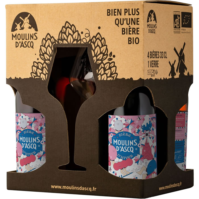 MOULINS D'ASCQ Hiver Coffret de 4 bières ambrées bio et 1 verre