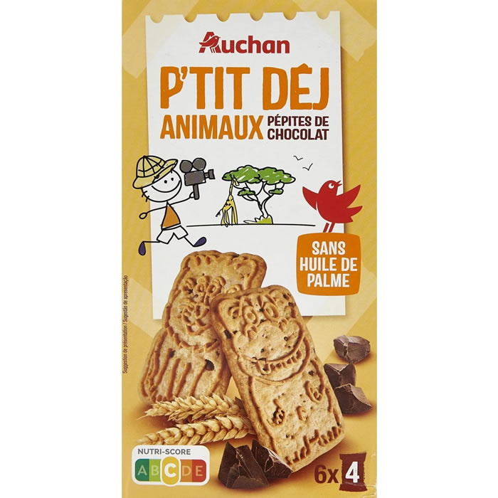 AUCHAN Biscuits petit-déj aux pépites de chocolat animaux