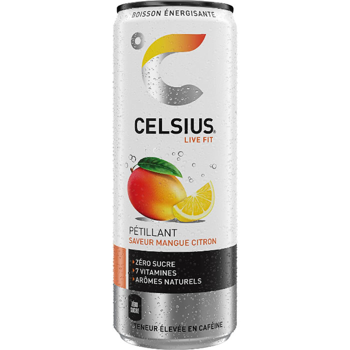 CELSIUS Boisson énergisante gazeuse à la mangue et citron sans sucre