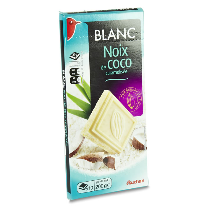AUCHAN Tablette de chocolat blanc à la noix de coco