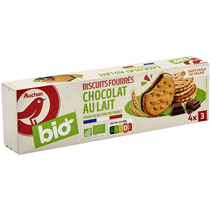 AUCHAN Biscuits fourrés au chocolat au lait bio