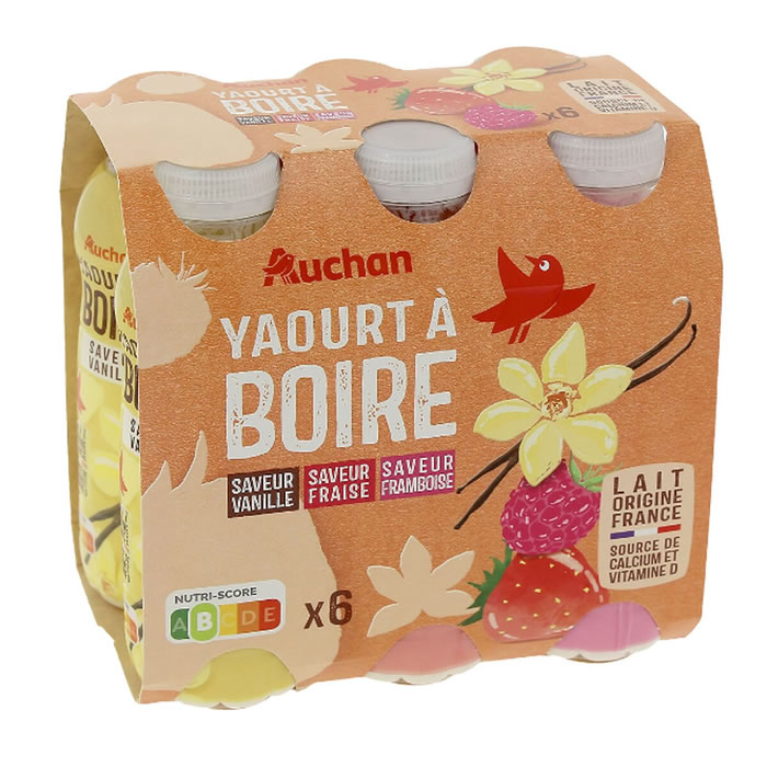 AUCHAN Panachés de yaourts à boire à la vanille, fraise, framboise