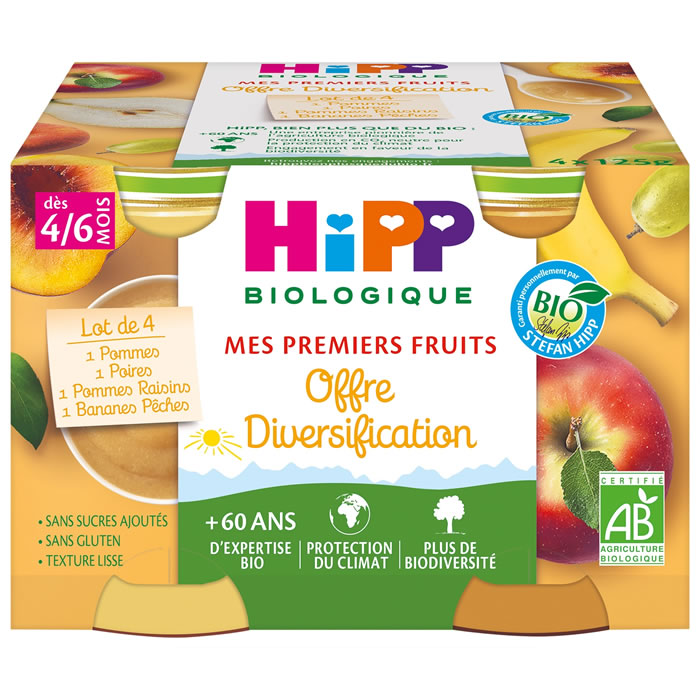HIPP Assortiment de 4 pots de fruits bio dès 4 mois