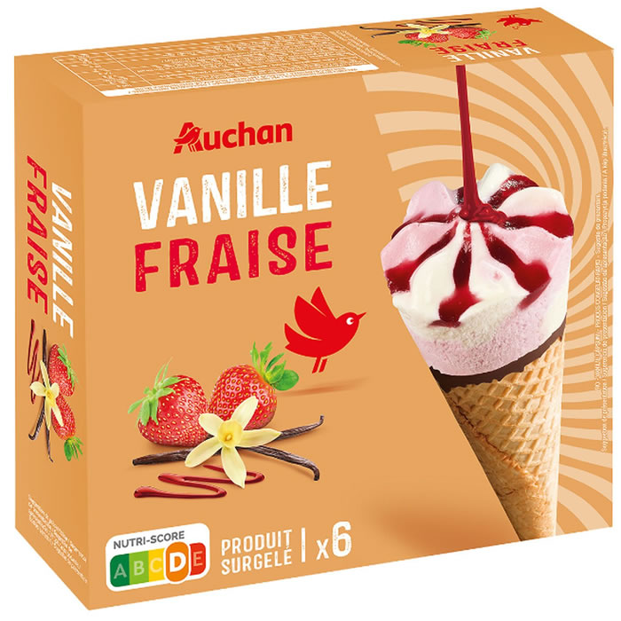 AUCHAN Cônes glacés à la vanille et fraise