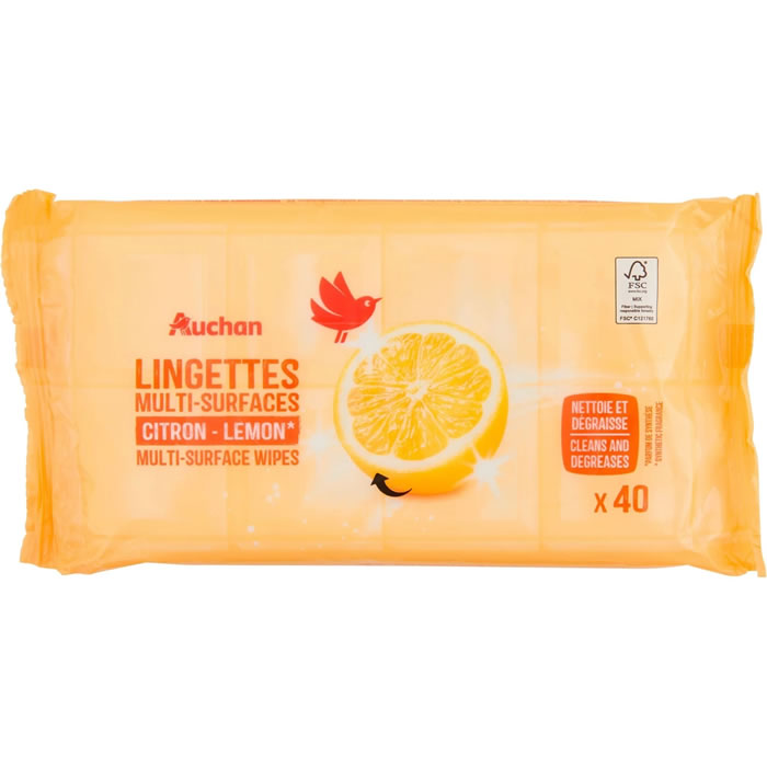 AUCHAN Lingettes nettoyantes multi-surfaces au citron