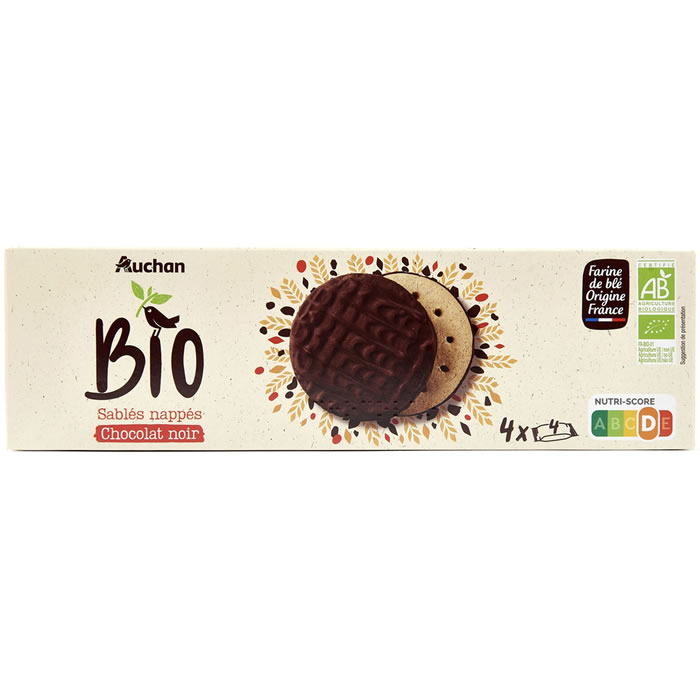 AUCHAN BIO Biscuits sablés nappés au chocolat noir bio