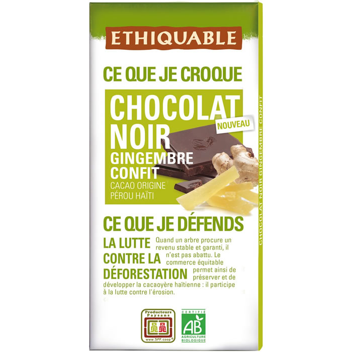 ETHIQUABLE Tablette de chocolat noir aux gingembres confits bio