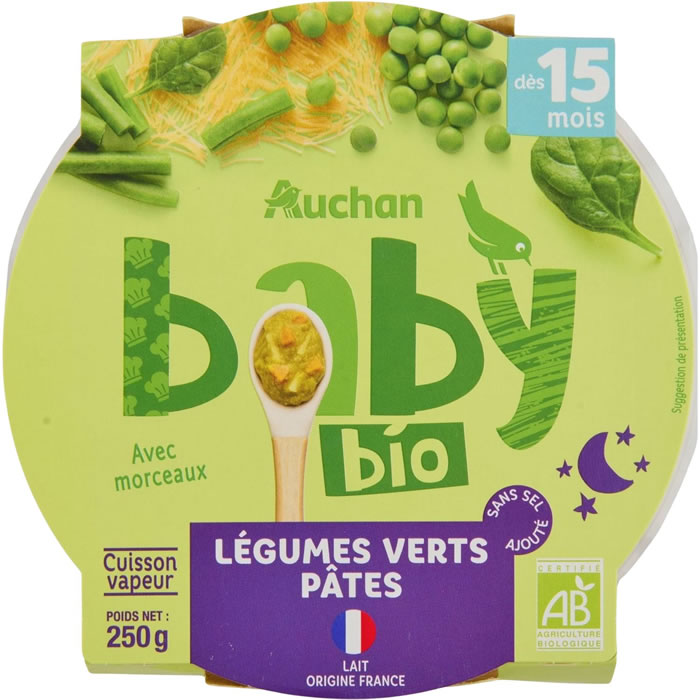 AUCHAN Baby Légumes verts et pâtes dès 15 mois bio