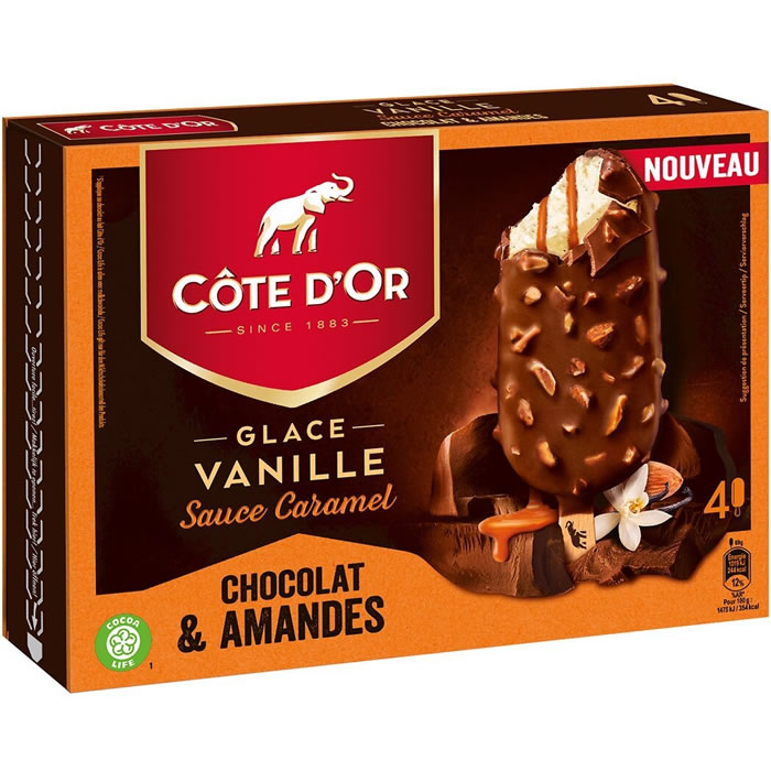 CÔTE D'OR Bâtonnets glacés vanille, chocolat au lait, caramel, amandes