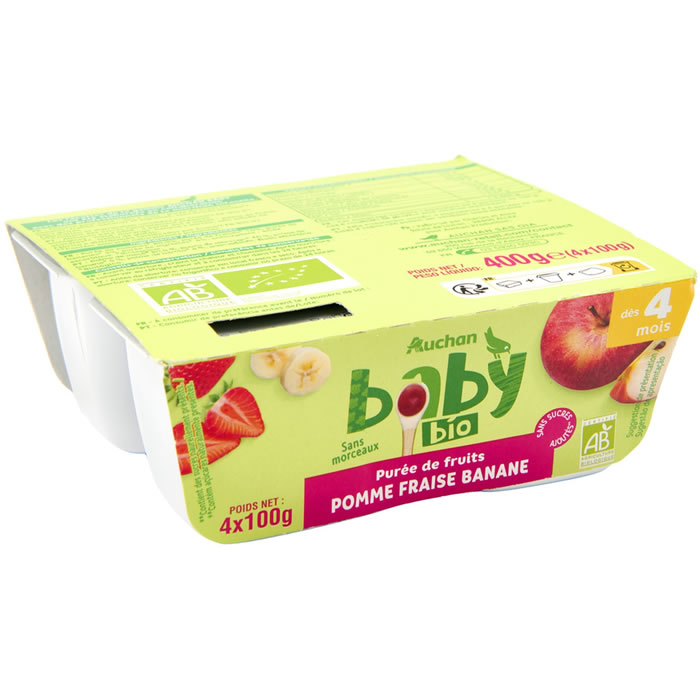 AUCHAN Baby Dessert pomme et fraise sans sucres ajoutés dès 4 mois bio
