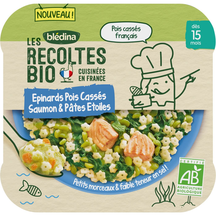 BLEDINA Les Récoltes Bio Pâtes épinards, pois cassés et saumon bio dès 15 mois