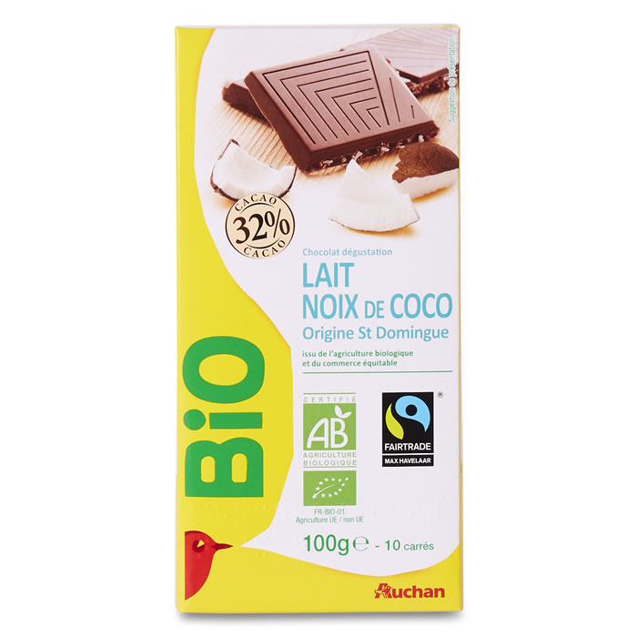 AUCHAN Tablette de chocolat au lait à la noix de coco bio