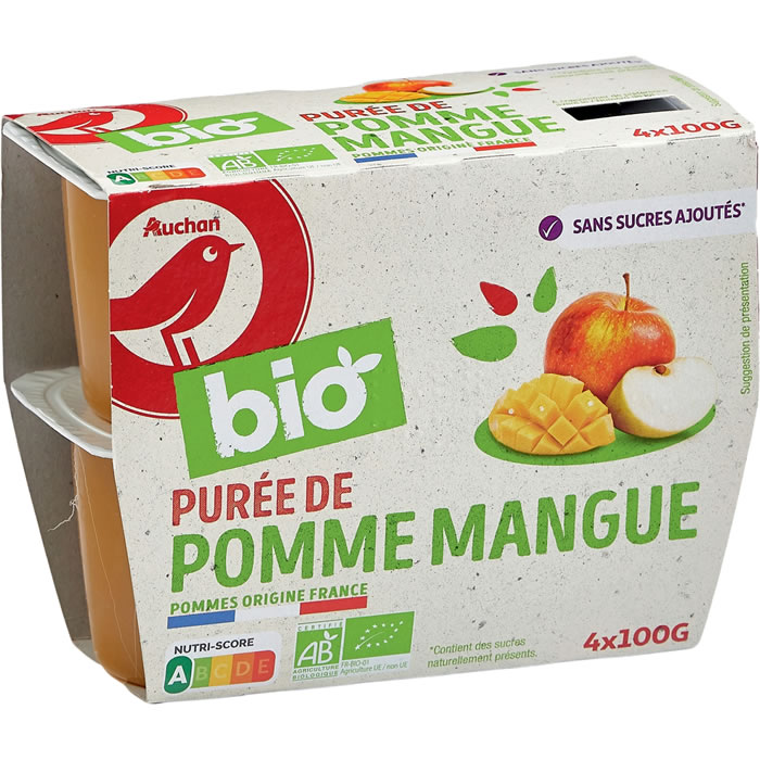 AUCHAN BABY BIO Petit pot dessert pomme mangue dès 4 mois 4x100g