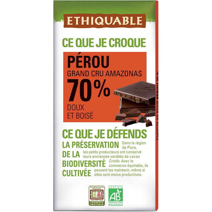 ETHIQUABLE Tablette de chocolat noir 70% bio