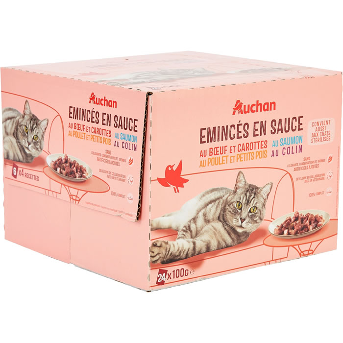 AUCHAN Pâtée en sauce bœuf,poulet, saumon,colin  pour chat adulte