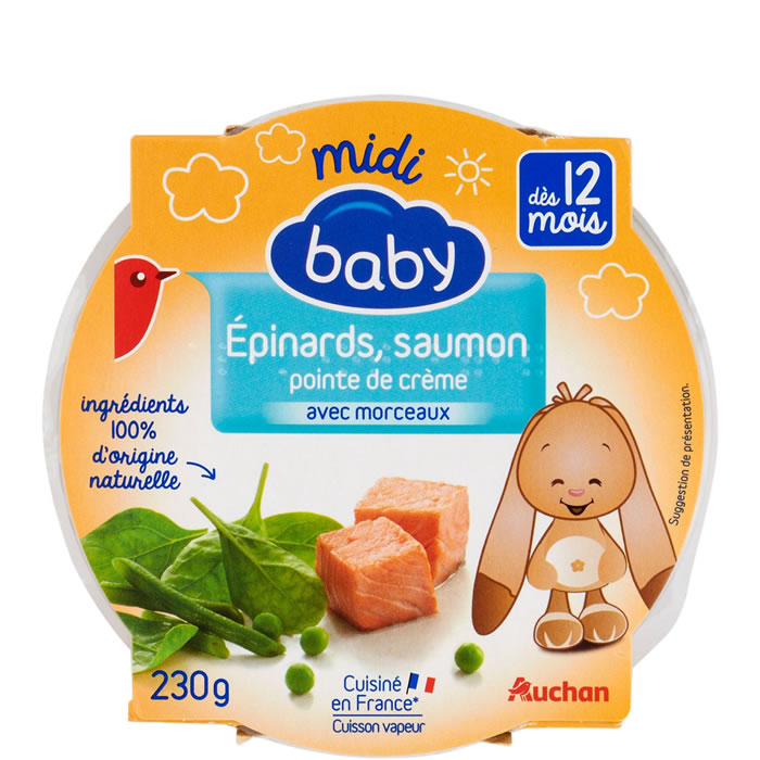 AUCHAN Baby Epinards, saumon et pointe de crème dès 12 mois
