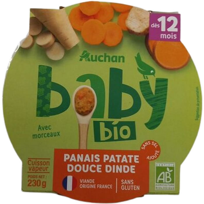 AUCHAN Baby Panais, patate douce et dinde bio dès 12 mois