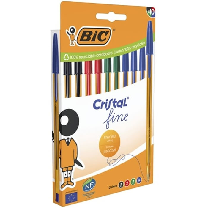 BIC Cristal Stylos bille pointe fine bleu, noir, rouge, vert