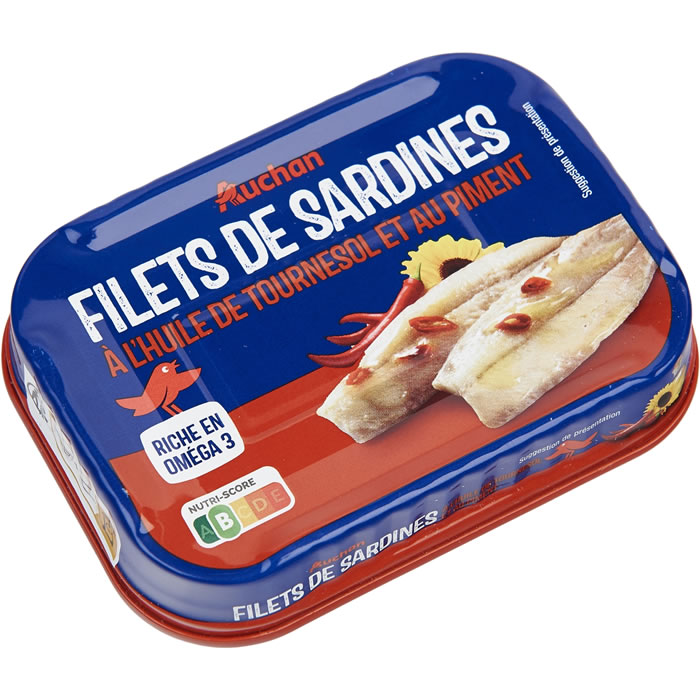 AUCHAN Filets de sardines à l'huile de tournesol et au piment
