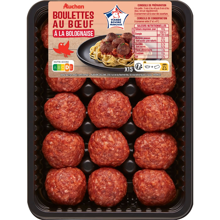 AUCHAN Boulettes à base de bœuf protéines végétales à la bolognaise