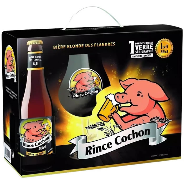 RINCE COCHON Belge Coffret de 3 bières blondes, 1 verre et 4 sous-bocks