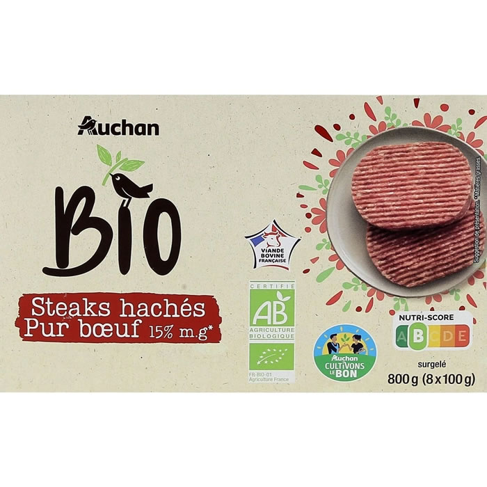 AUCHAN Steaks hachés pur boeuf 15% M.G bio