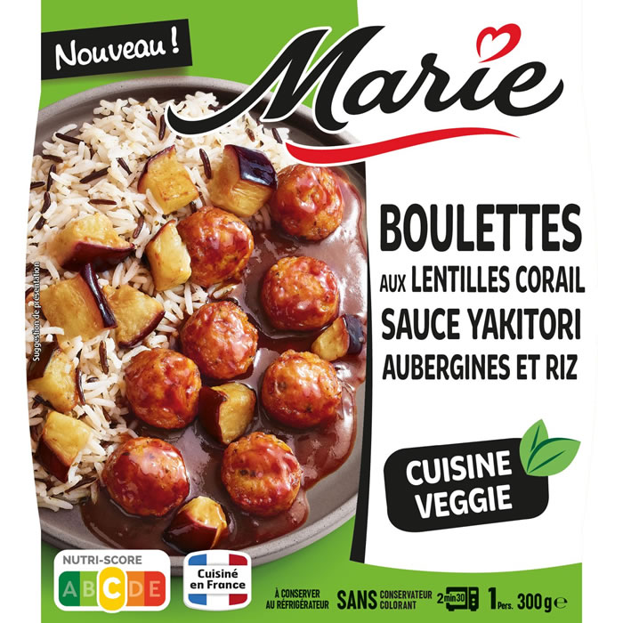 MARIE Boulettes aux lentilles, sauce yakitori, aubergine, riz