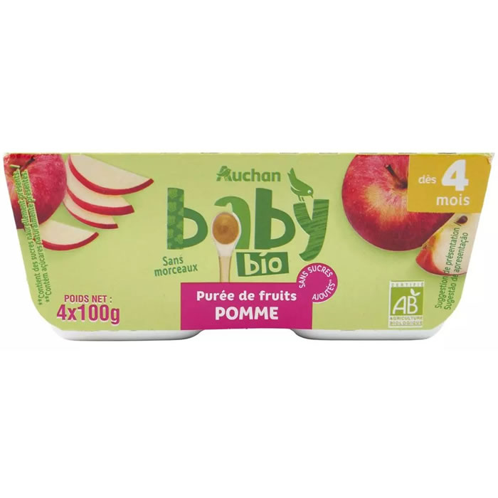 AUCHAN Baby Dessert pomme sans sucres ajoutés dès 4 mois bio