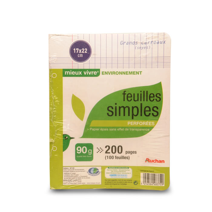 AUCHAN Mieux Vivre Feuilles simples perforées 17 x 22 cm grands carreaux