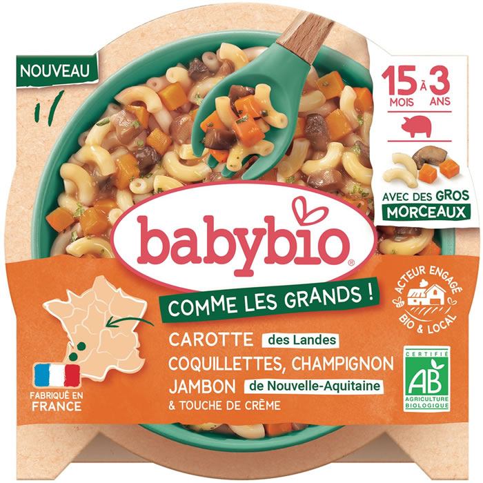 BABYBIO Carotte, coquillettes, champignon et jambon dès 15 mois bio