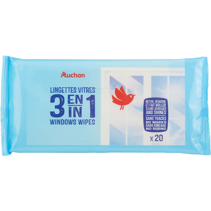 AUCHAN Lingettes nettoyantes 3en1 pour vitres