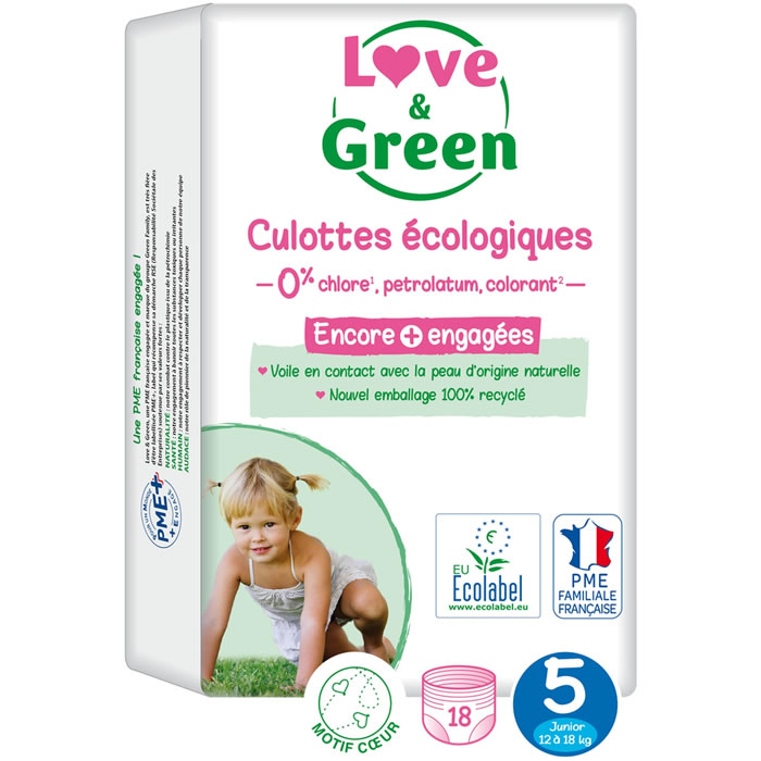 Couches-Culottes Hypoallergéniques et Ecologiques Taille 5 : 12-18 Kg LOVE  & GREEN : le paquet de 18 culottes à Prix Carrefour
