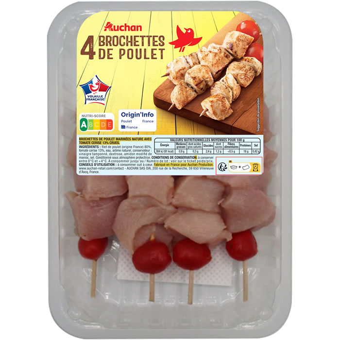 AUCHAN Brochettes de poulet nature