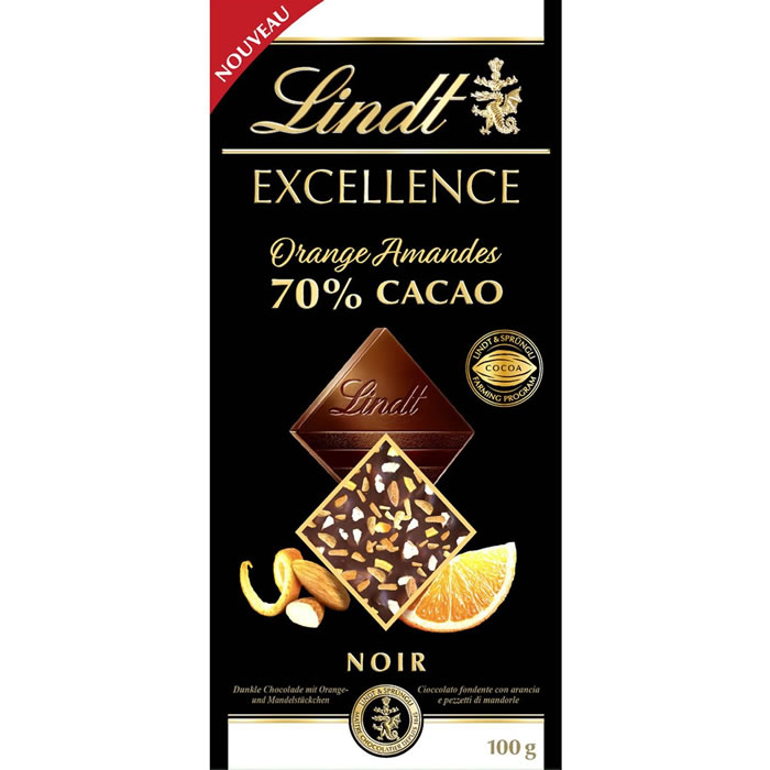 LINDT Excellence Tablette de chocolat noir 70% à l'orange et amandes