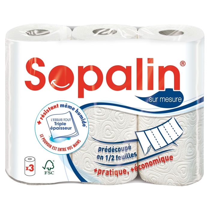 SOPALIN Essuie-tout Blanc Prédécoupé Triple épaisseur