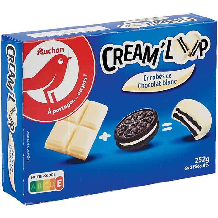 AUCHAN Cream'Loop Biscuits cacaotés fourrés à la vanille nappé chocolat blanc