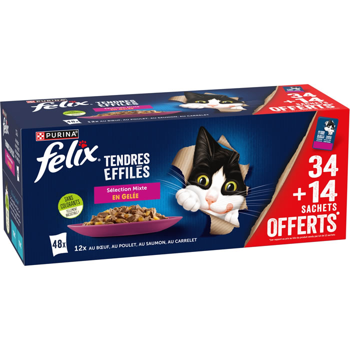 FELIX Pâtée effilés en gelée bœuf, poulet, saumon pour chat adulte