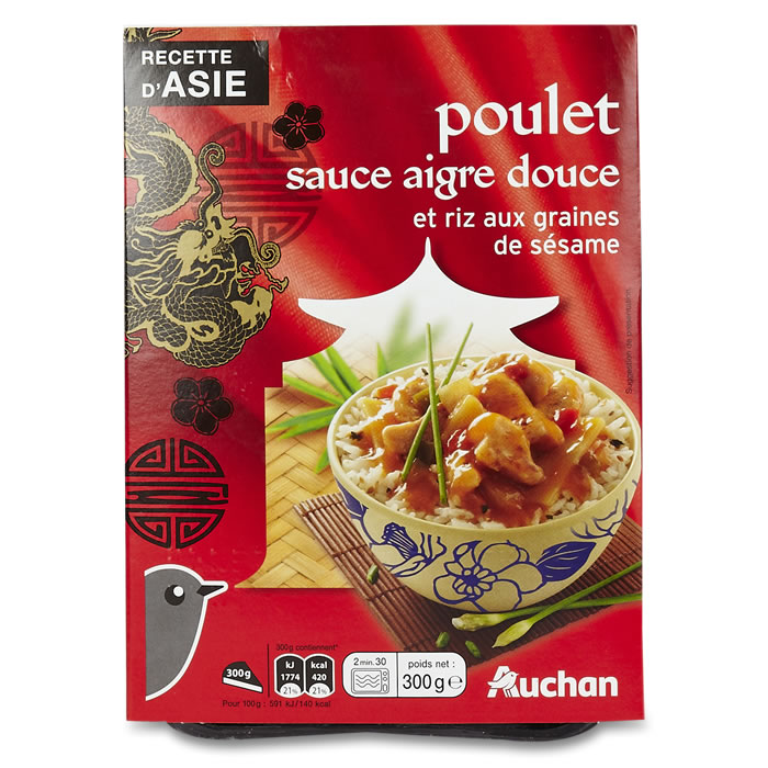 AUCHAN Recette d'Asie Poulet et riz aux graines de sésame avec sauce aigre douce