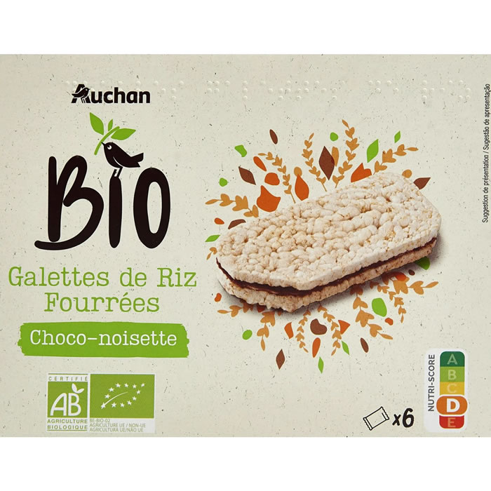 AUCHAN Galettes de riz fourrées au chocolat noisette bio