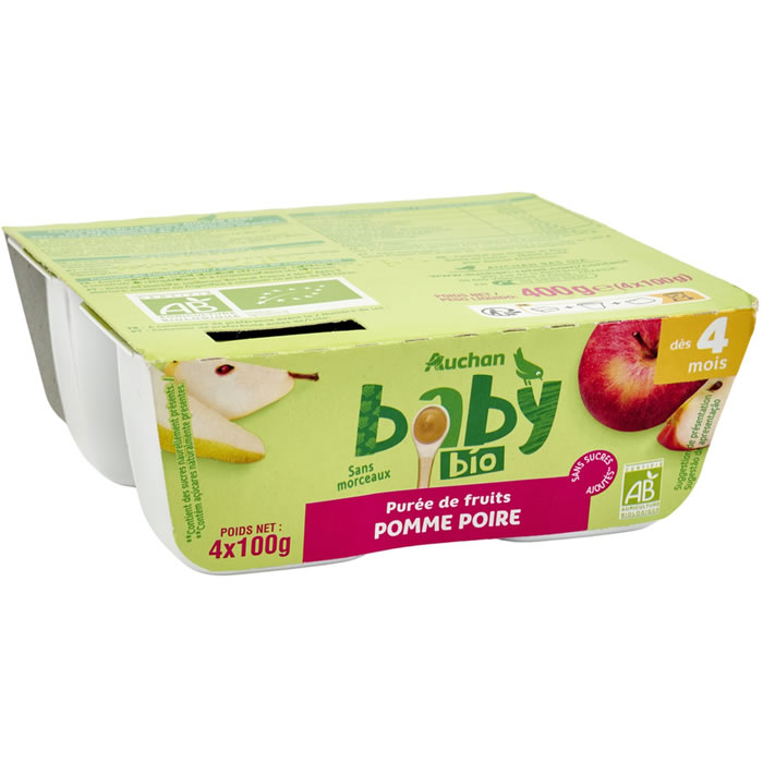 AUCHAN Baby Dessert pomme et poire sans sucres ajoutés dès 4 mois bio