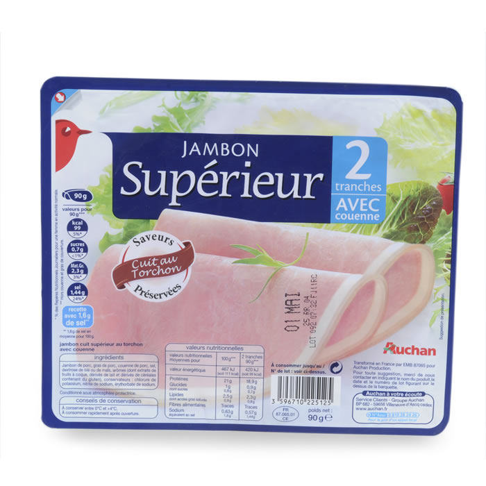 AUCHAN Jambon cuit à l'étouffée avec couenne
