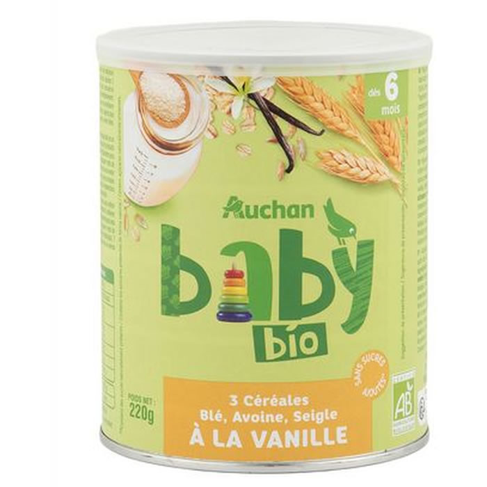 AUCHAN Baby Céréales en poudre à la vanille et 3 céréales dès 6 mois bio