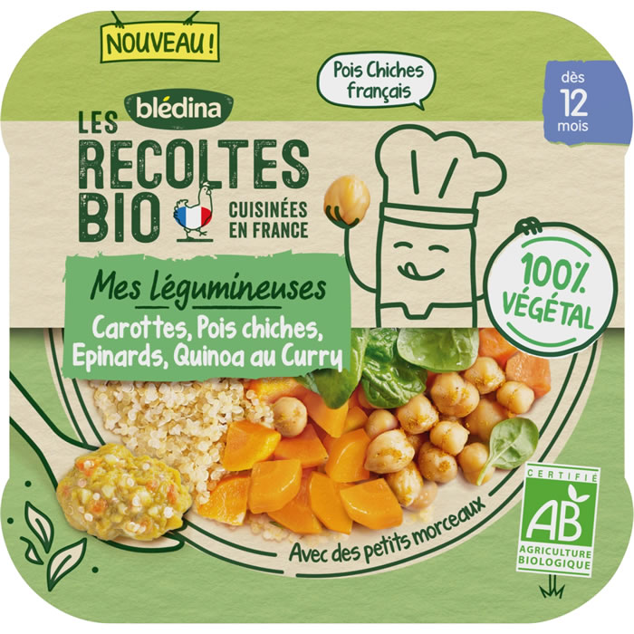 BLEDINA Les Récoltes Bio Carottes, pois chiches, épinards et quinoa au curry bio
