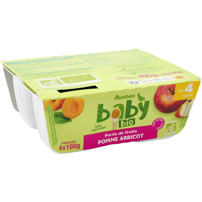 AUCHAN Baby Dessert pomme et abricot sans sucres ajoutés dès 4 mois bio