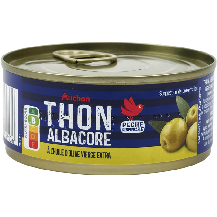 AUCHAN Thon albacore entier à l'huile d'olive vierge extra