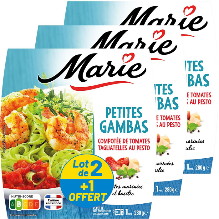 MARIE Gambas, tagliatelle au pesto et tomates micro-ondes