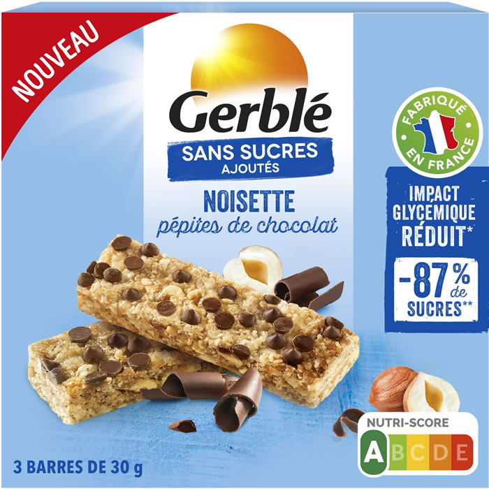 GERBLE Barres céréalières sans sucres à la noisettes et chocolat